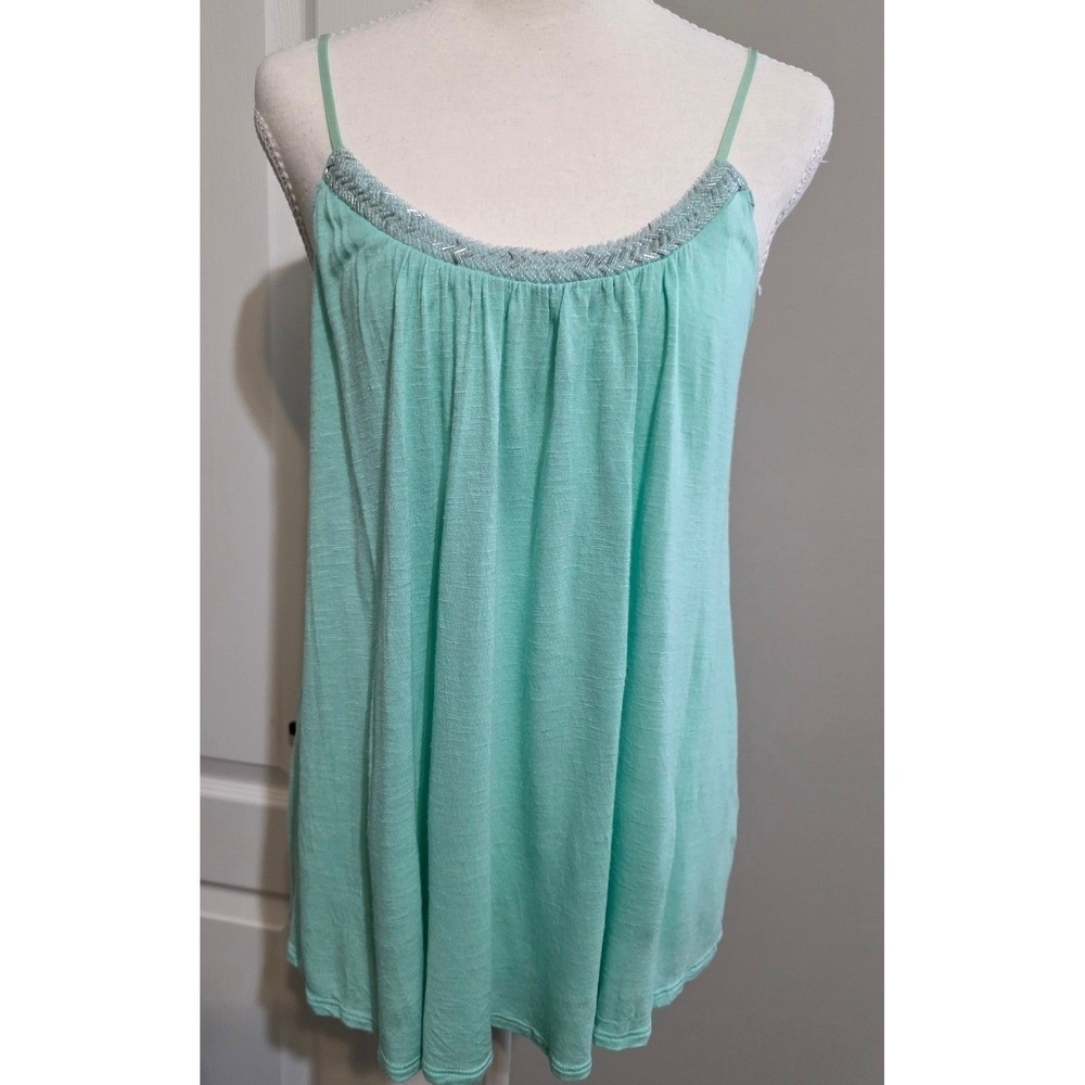Candie's Tank Top Women XL Mint Green Beaded Neckline Cami Boho Rayon Slub Beach